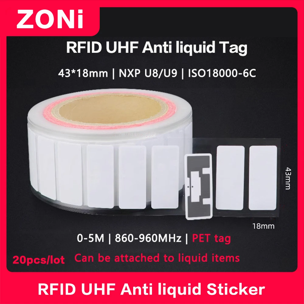 Etiqueta RFID UHF pegatina PET resistente a líquidos 18000-6C EPC Clase 1 Gen 2 860-960MHz NXP U8 Chip etiqueta electrónica PET 915 MHz 20 piezas