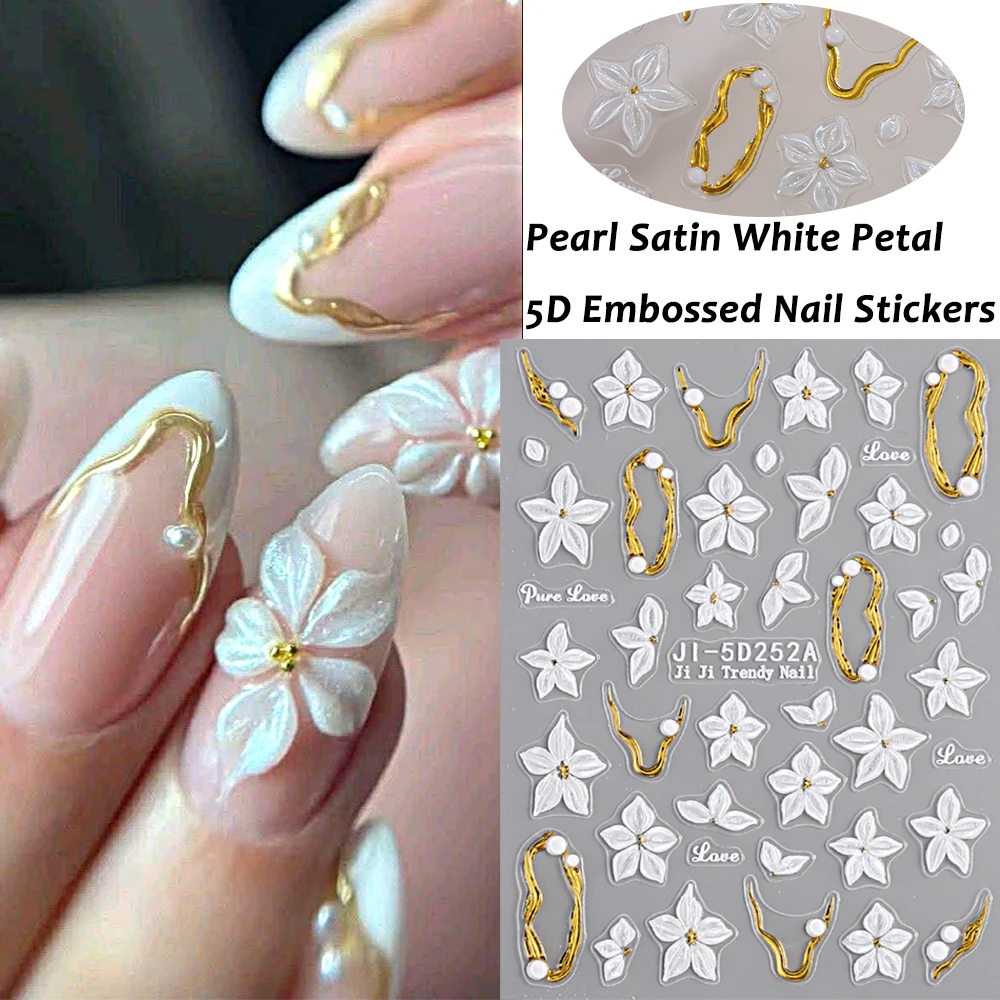 2pcs White Floral 5D Self-Adhesive Nail Stickers, Gold Borde