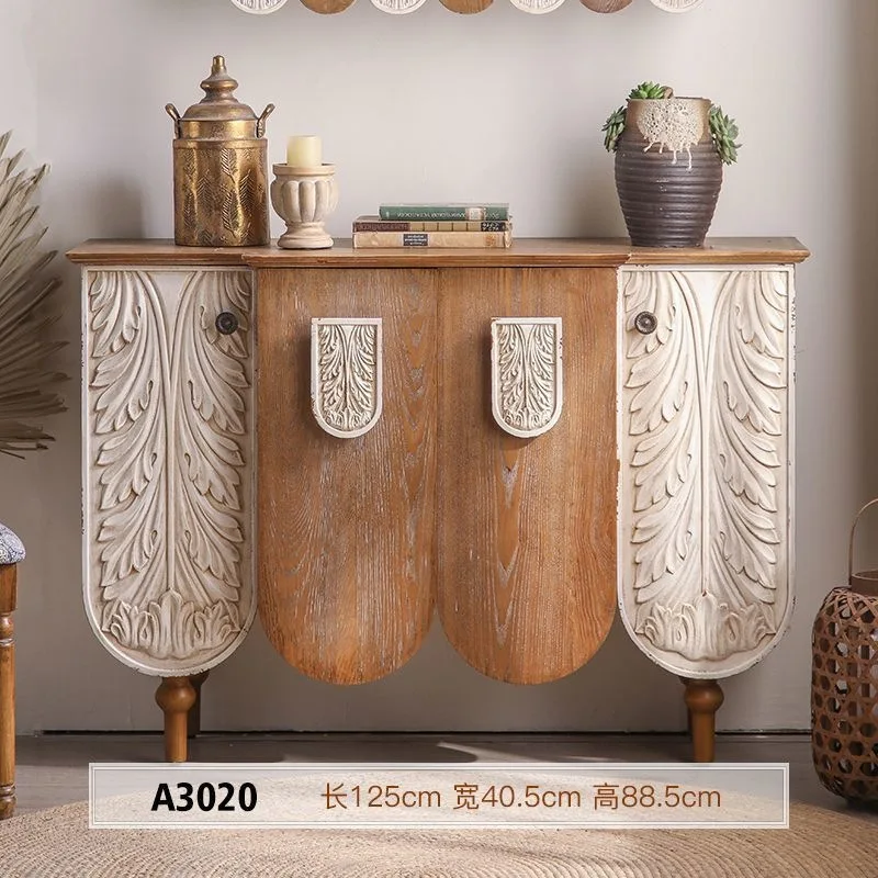 

HYS American dining side cabinet retro creative carved entrance cabinet B & B living room entrance hall relief solid wood