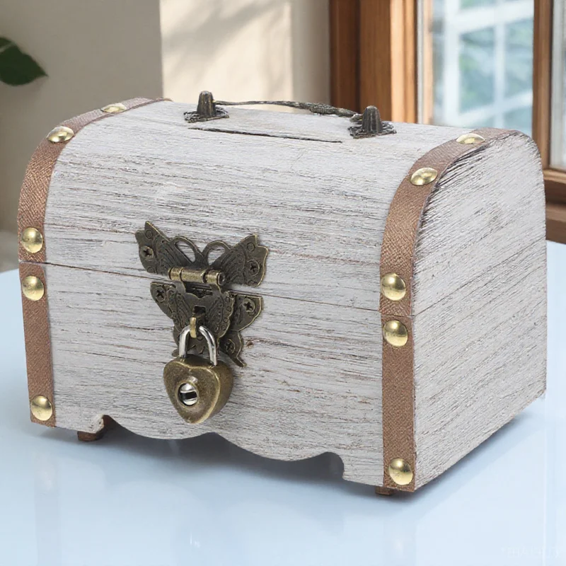 

Vintage Style Wooden Piggy Bank with Lockable Lid Retro Money Box for Adults Decorative Storage Chest Home Decor Gift Idea