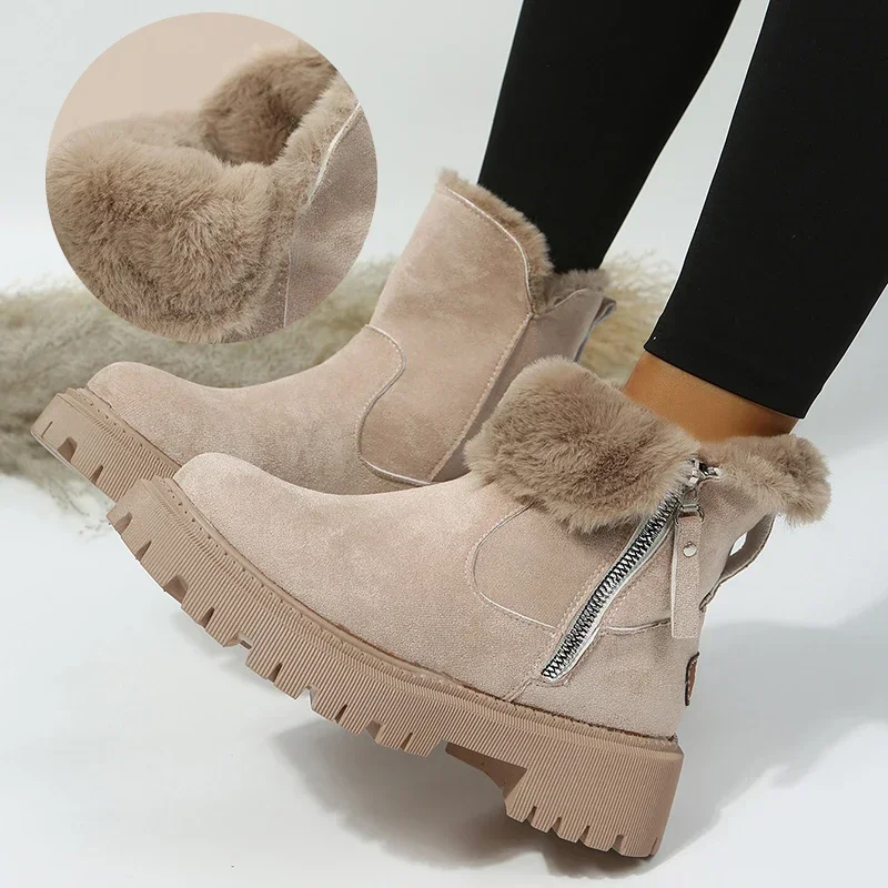 Thick Plush Snow Boots Women Faux Suede Non-slip Winter Boots Woman Keep Warm Cotton Padded Shoes Platform Ankle Booties 2024