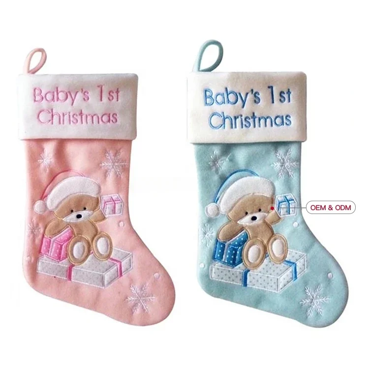 

2024 New Christmas Stocking Tree Fireplace Hanging Decoration Baby Blue Pink Teddy Bear Style Xmas Gift Bag