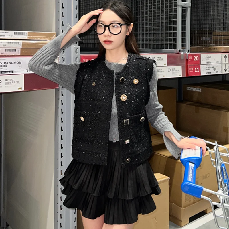 

Small Fragrant Wind Vest Coat Female Spring Autumn Hot Short Vests Jacket Women Korean Waistcoat Casual Sleeveless Jackets Black