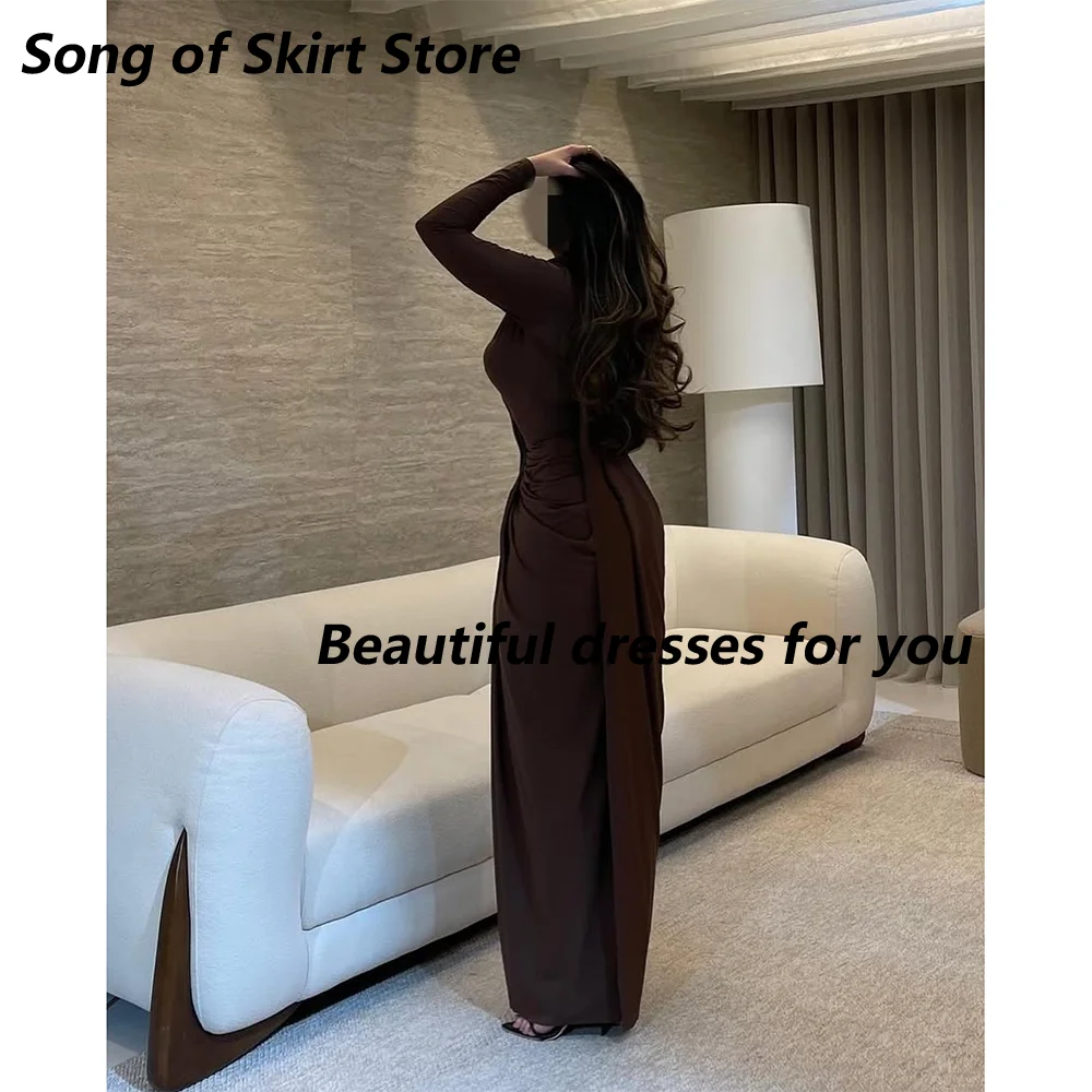 Brown Evening Dress Customized High Neck Long Sleeves Floor Length Jersey Saudi Arab Prom Gown Ankle Length Party Dress image 3