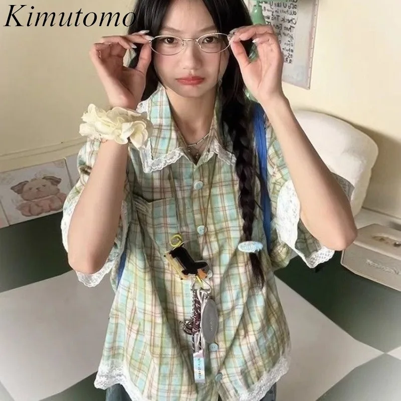 

Рубашки Kimutomo женские винтажные в клетку с коротким рукавом, с кружевными вставками, в стиле преппи, эстетика Y2K, блузка в стиле Харадзюку, милые повседневные женские рубашки