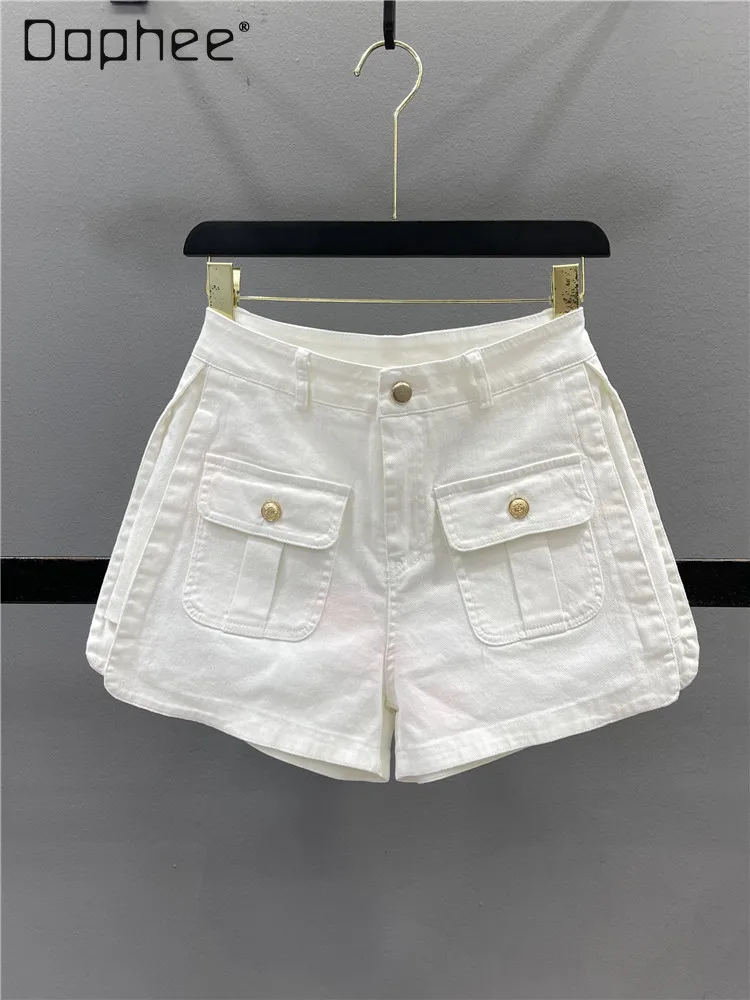 

Colored Cargo Shorts Women Pockets Street A Line Denim Shorts Casual Wide Leg High Waist Hot Pants 2024 Summer New