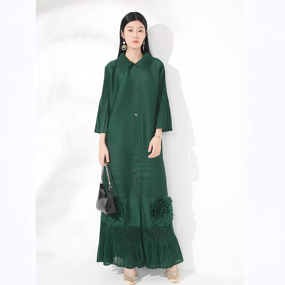 Miyake Fashion Print Pleated Long Dress Women Lapel Floral Sleeves Design Single Breasted A-line Dresses 2025 Summer New