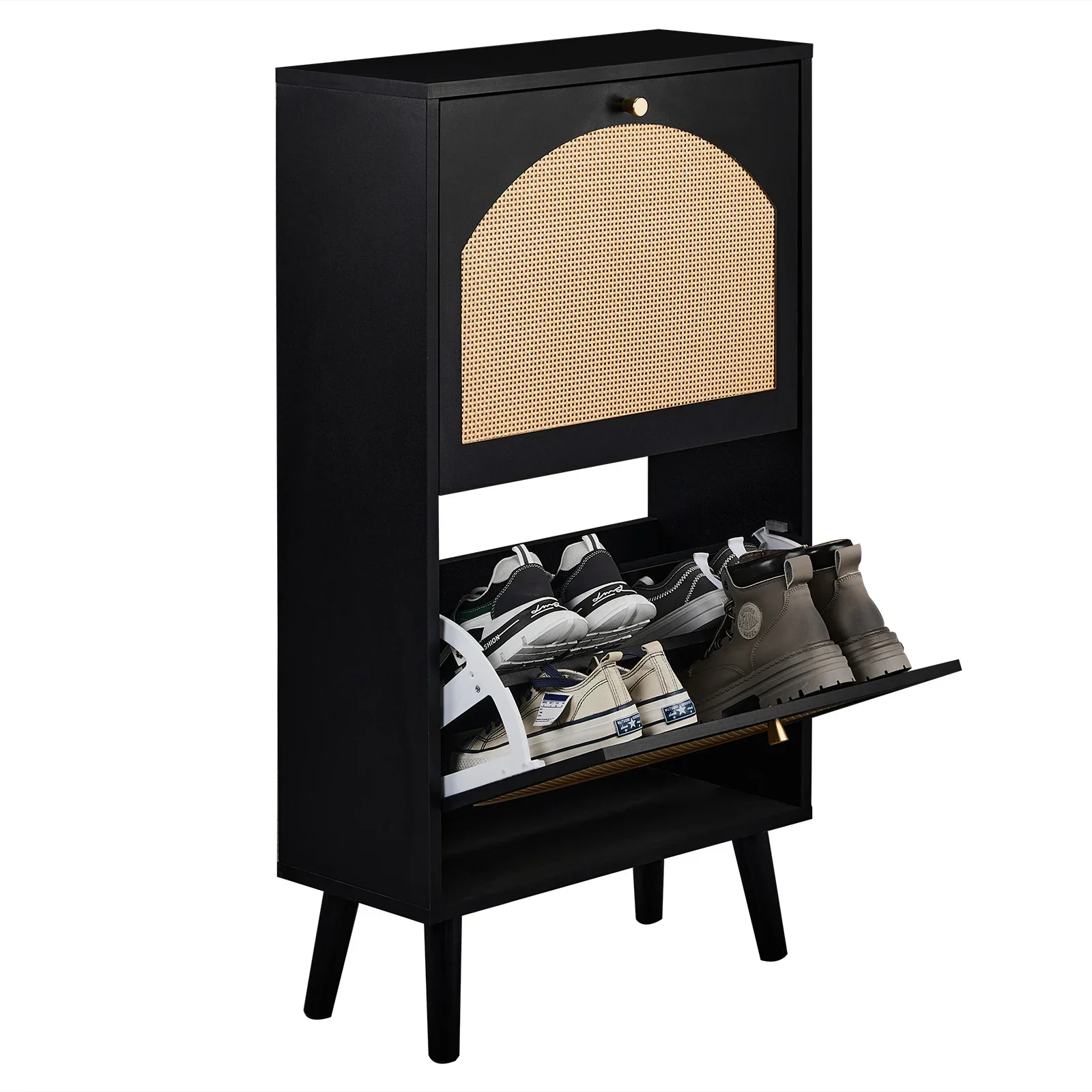 

2 dump buckets with high-leg arched rattan surface shoe cabinet particle board + plastic rattan 54*24*98cm black frame + origina