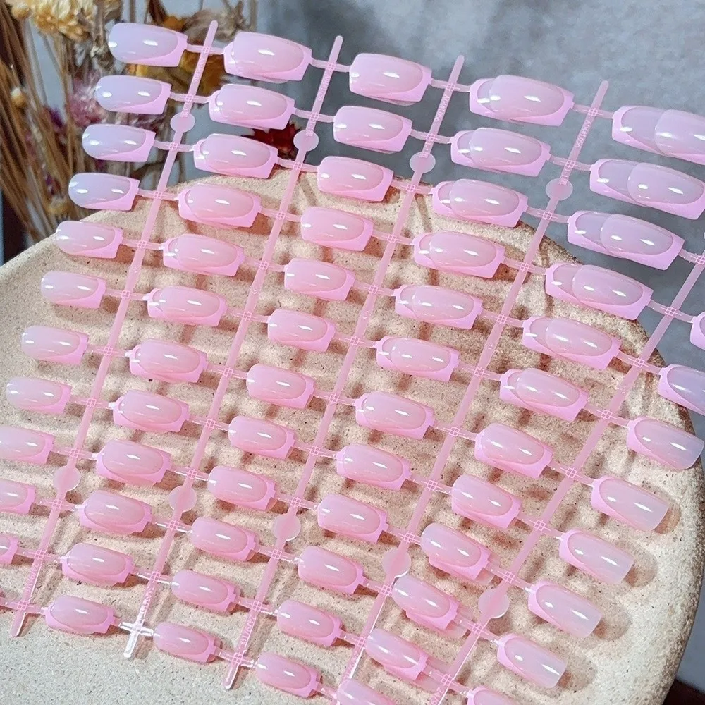30Pcs Simple Nude Pink Press On Nails White Edge Medium Length Fake Nails Glossy Finish Full Cover False Nails Detachable Nails