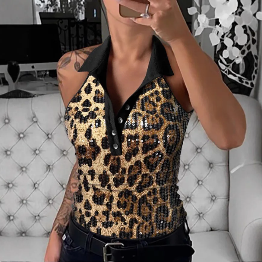 

Women's Sexy Tank Top Y2k Fashion New Sequin Leopard Print Skinny Sleeveless T-shirt Women 2025 Summer Casual Slim Vest Tops
