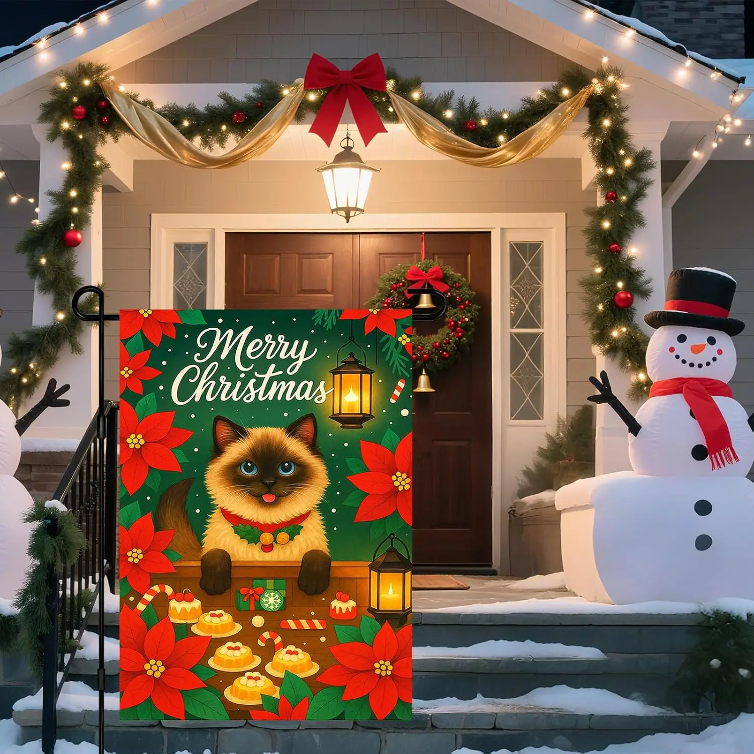 IVN Christmas Garden Flag 12x18 Inch Double Sided Siamese Cat with Poinsettia Flowers Lanterns and Christmas Cookies Outdoor zzo