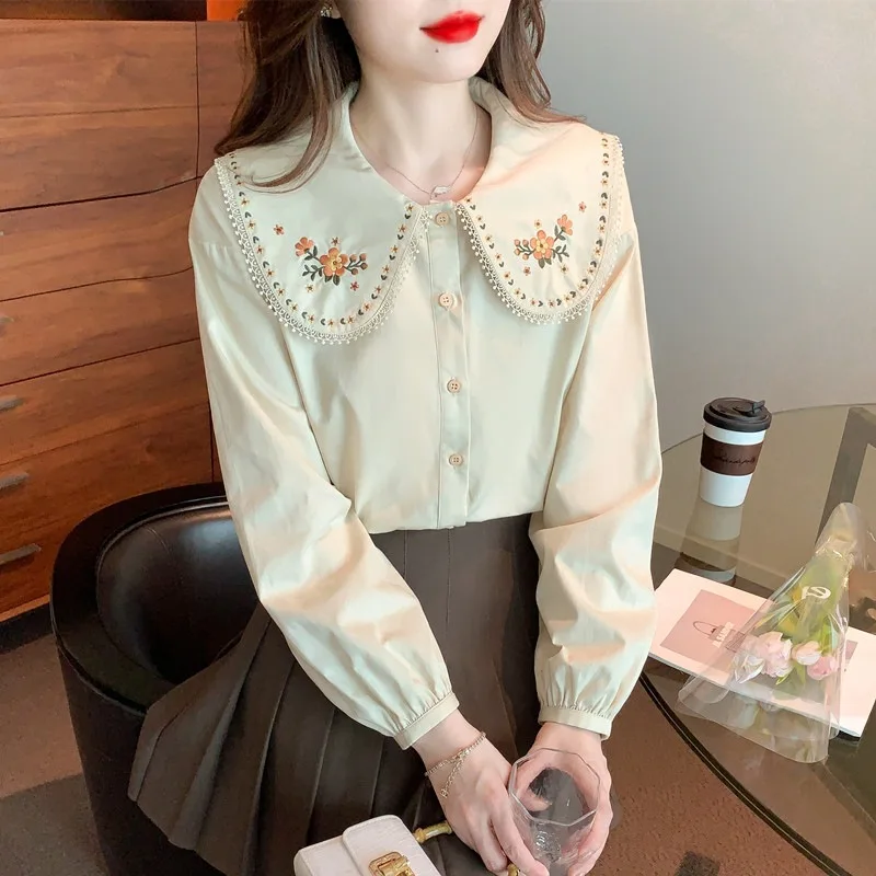 Women Shirt Korean Fashion Peter Pan Collar All-match Sweet Embroidery Streetwear Kawaii Spring Ins Casual Popular Y2k Mujer