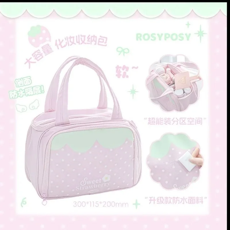 Cute Large-capacity Makeup Bag Portable Travel Toiletry Bag Strawberry Polka-dot Print Girls Multi-layer Waterproof Storage Bags