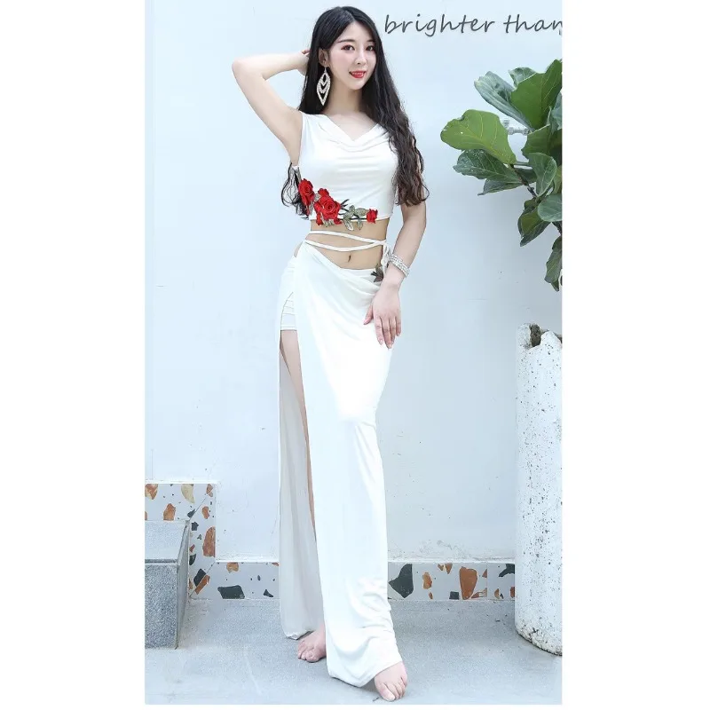 Costume de danse du ventre personnalisé, tenue d'entraînement, tenue de spectacle de danse orientale Sexy, vêtements de danse modaux Rose brodés pour femmes