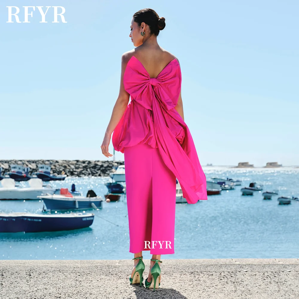 RFYR Straight Evening Dress Fuchsia Prom Dress with Bow Back Gala Dress Tea Length Princess Robe De Soiré Customized
