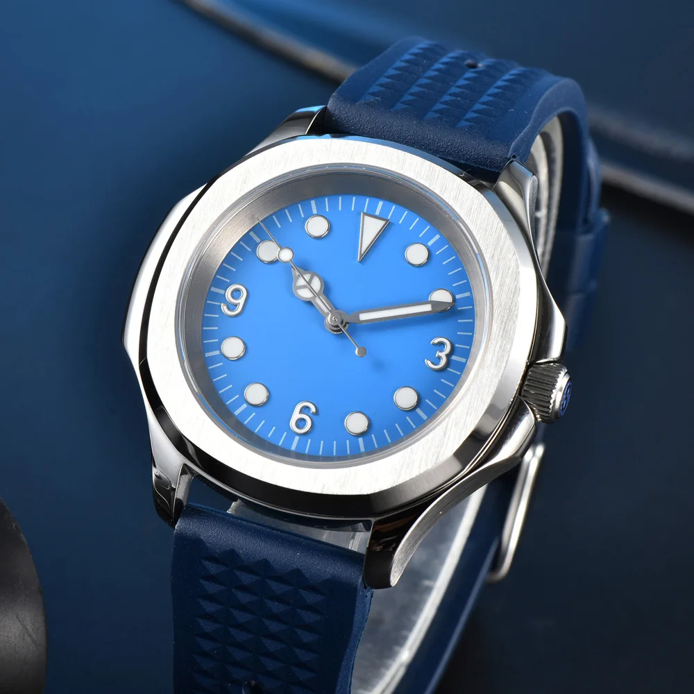 Men's Mechanical Watch 42mm Stainless Steel Case Blue Sterile Dial Transparent Strap Japan NH35A Movement