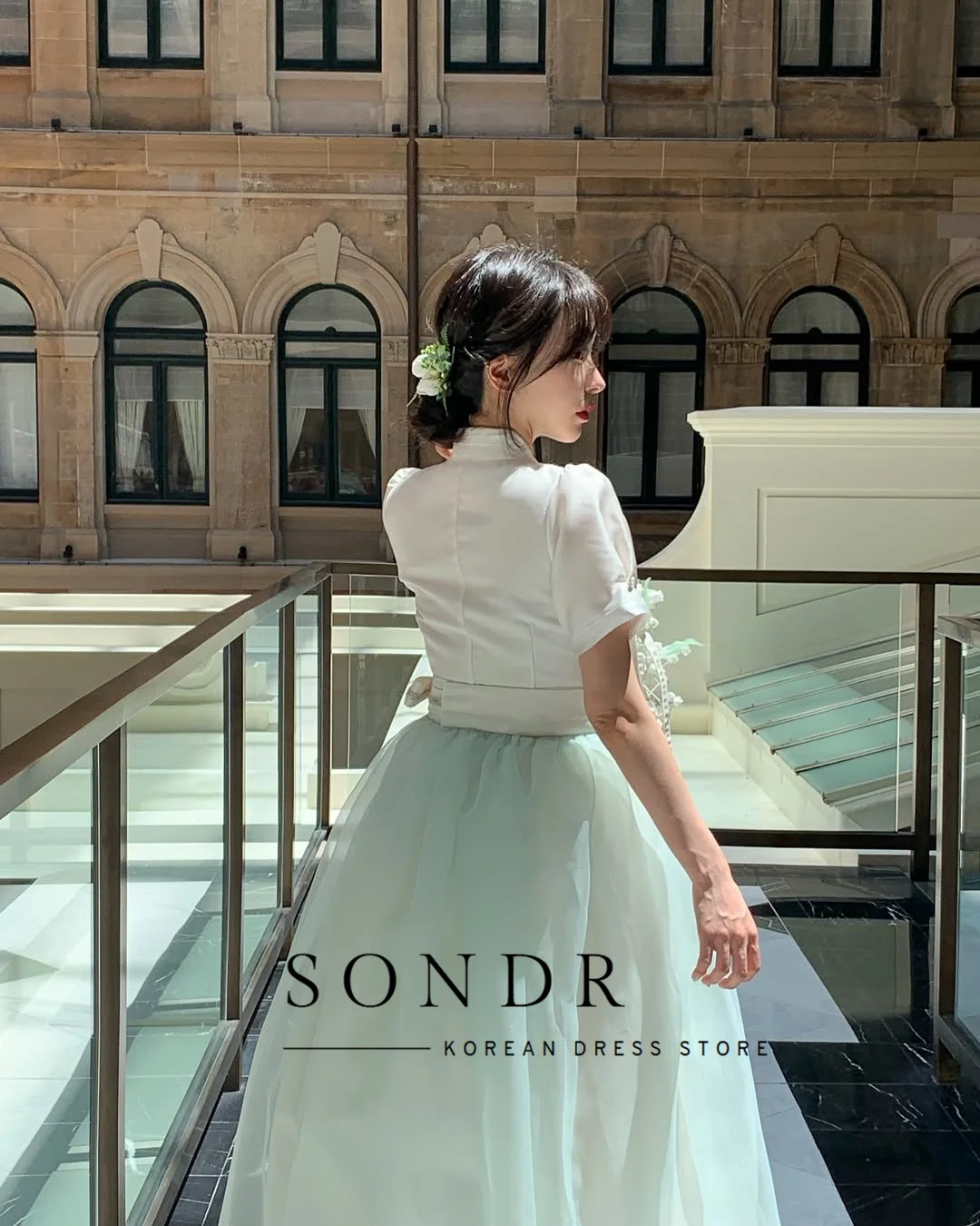 Sondr Customized Hanbok Mint Green Short Sleeves Korean Formal Dresses Evening Party Gown Women Wedding Photo Shoot Dresses