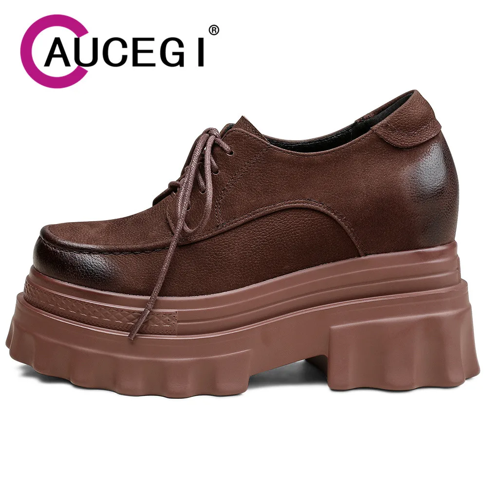 

Aucegi 2024 Lace Up Spring Autumn Women Round Toe Pumps Platform Chunky 10CM High Heels High British Ladies Casual Shoes Brown