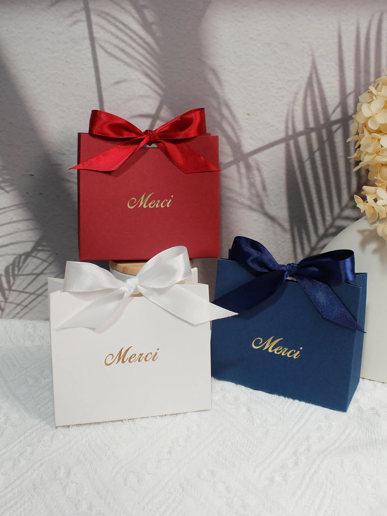 Merci Mini Gift Boxes Favor Boxes in Red, Blue, and White with Satin Ribbons - Perfect for Candy, Chocolates, and Small Gifts