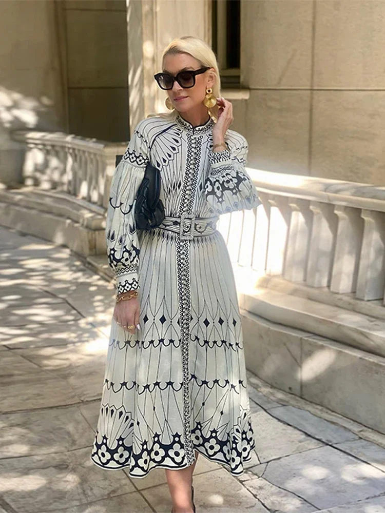 

Ladies Elegant Printed Midi Dress With Belt Fashion Stand Collar Long Sleeve A-line Dresses Spring Female Casual Street Vestidos