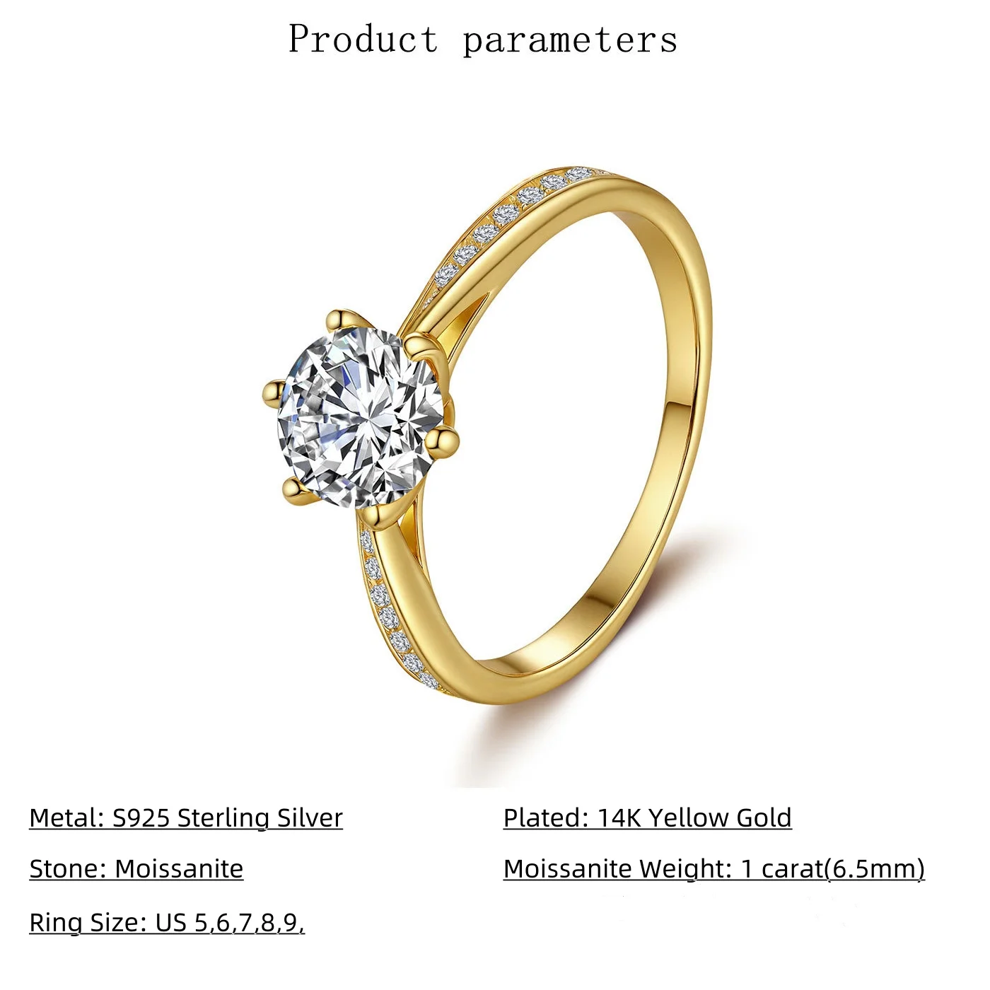 خواتم خطوبة مويسانيتي للنساء، خواتم وعد من الفضة الإسترليني عيار 925 مع مطلية بالذهب الأصفر عيار 14 قيراط، لون D VVS1 خاتم زفاف
