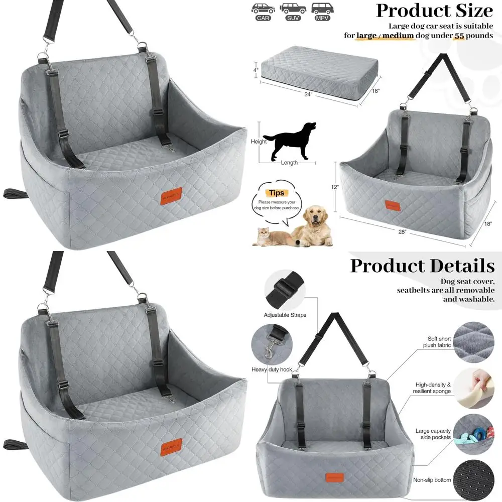 

Large Dog Car Seat Cover with Memory Foam, Washable, Safety Straps, Non-Slip Base for Dogs up to 55lbs