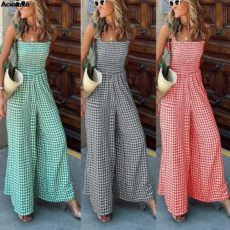 

2023 summer new women's fashion casual sleeveless suspender plaid jumpsuit wide-leg pants