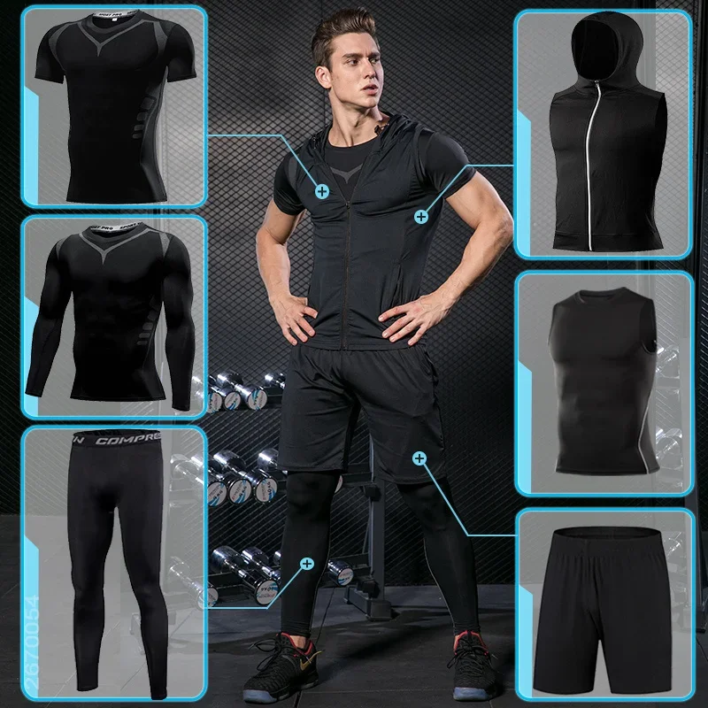 Men\'s Tight Sports Suit Gym Fitness Compression Tracksuit Running Sport Set Jogging Sportwear Workout Sports Clothing Rash Guard