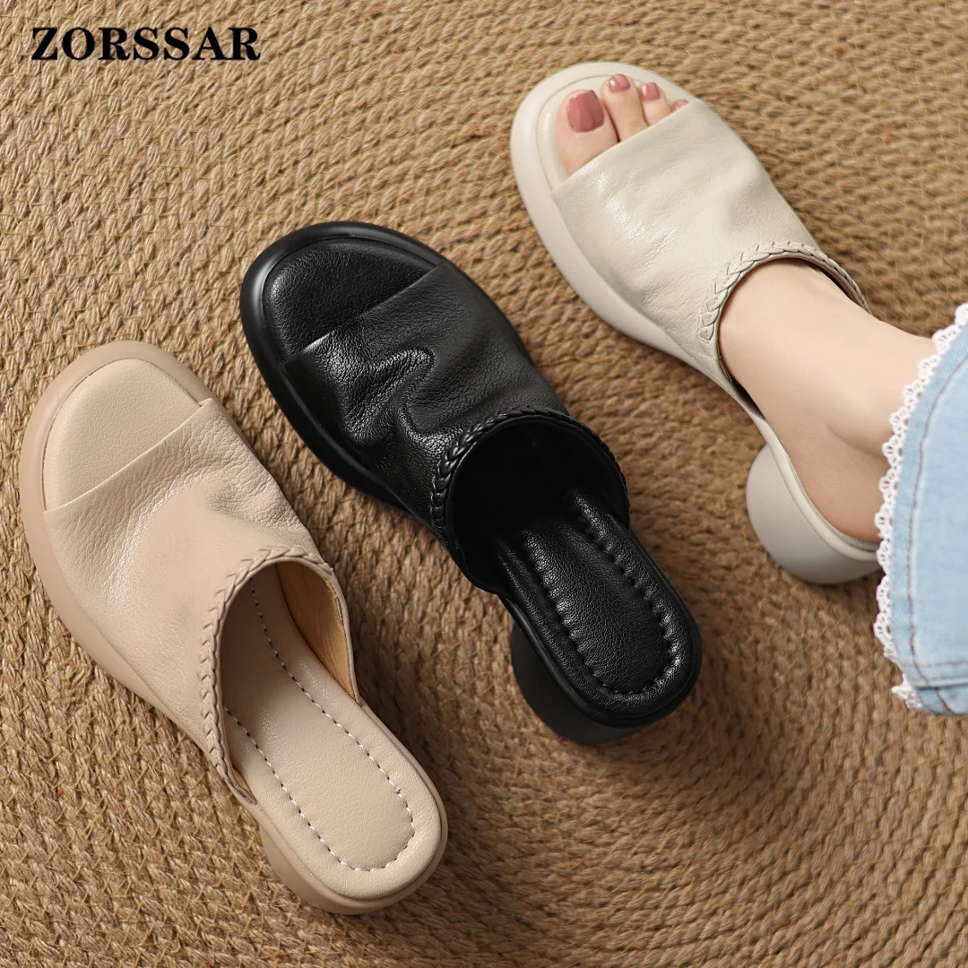 Women's Genuine Leather Open Toe Slip-on Summer Slides Sandals 6.5cm Round Chunky Heel Platform Pumps Heeled Casual Shoes Woman