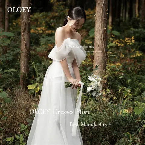 OLOEY 심플 A 라인 오간자 웨딩 드레스, 오프숄더 슬리브, 바닥 길이 신부 가운, 맞춤형 플레인 결혼 한국