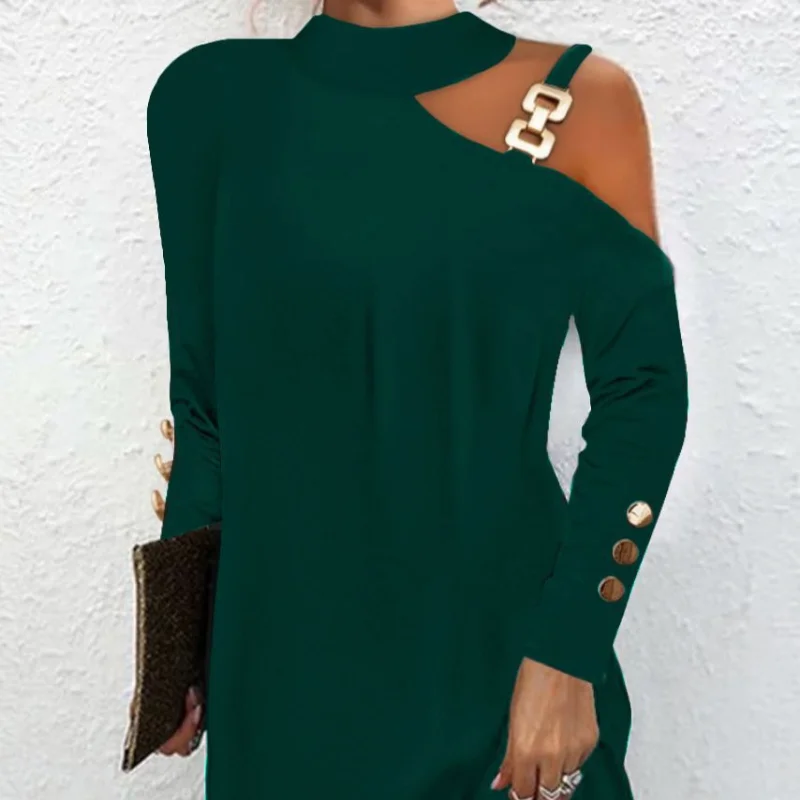 2023 Autumn New Simple Metal Button Hanging Neck Button Solid Elegant A-line Dress Mid Waist Office Lady Leisure Women's Dress