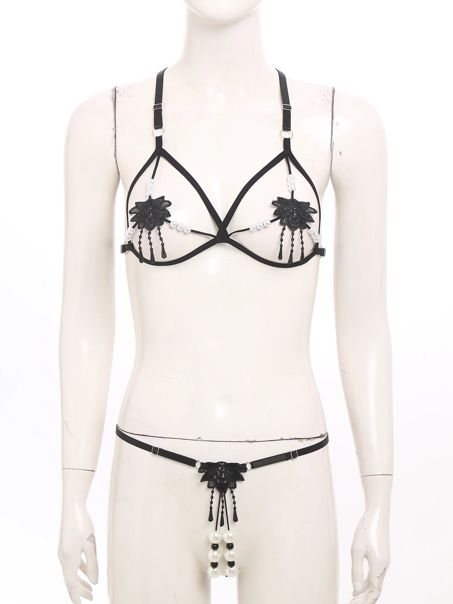 Women Lingerie Temptation Set Floral Patch Faux Pearls Bra with T-back Thong for Couple's Adult Tempting Porn Nightwear Sets