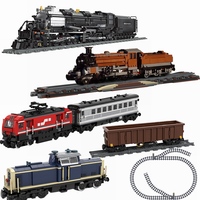 BuildMoc City High-Tech Big Boy Electric Train V100 Locomotive Train Track Trailer MOC Model Building Blocks Toys for Children 