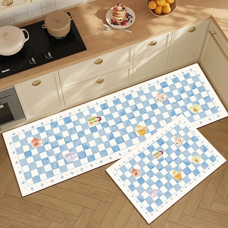 Blue Checkered Puppy PVC Leather Rug Waterproof Oil-proof Stain-resistant Kitchen Carpet Large Area Non-slip Floor Mats Tapis 러그