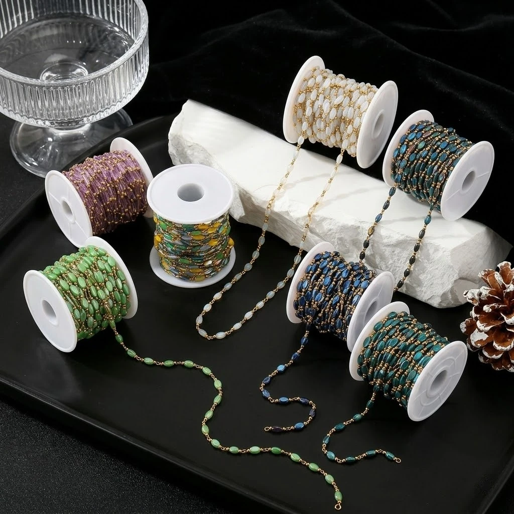 1 Meter Edelstahl Weiße Blaue Lila Steinperlen-Kette für DIY Handgemachte Halsketten Armbänder Schmuckherstellung Zubehör – Detail 2