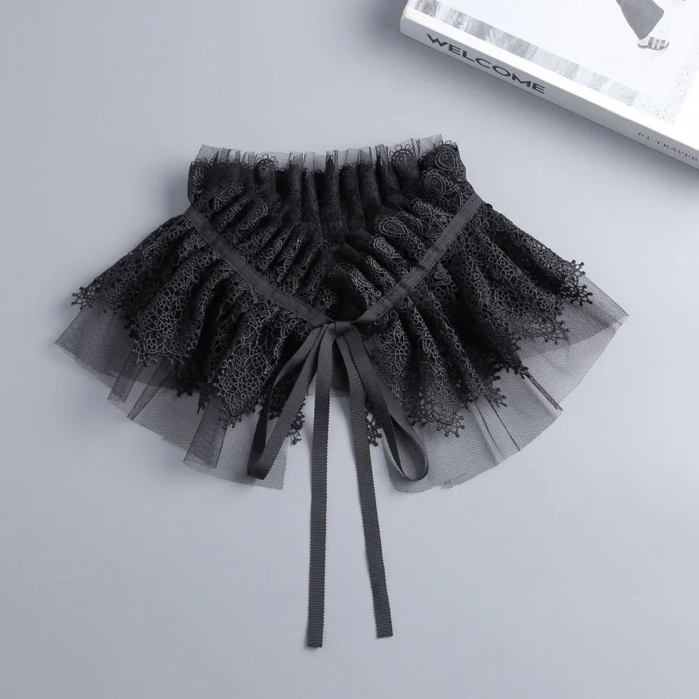 Removable Fake Collar Mesh Tulle Double Layer Detachable Mesh Lace Collar Ribbon Tie Floral Embroidery Sleeve Cuffs For Women