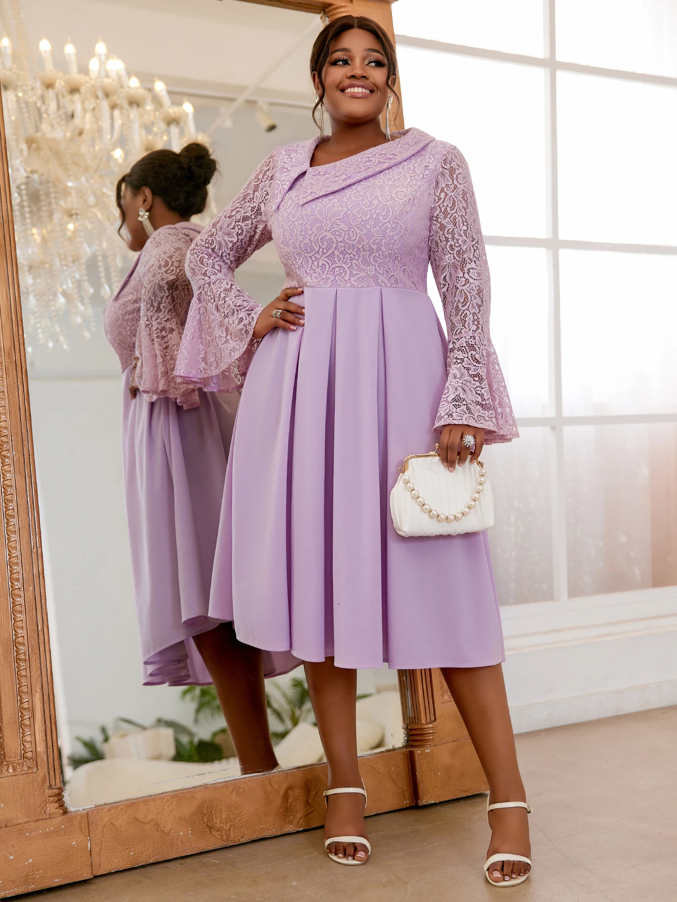 Elegant Church Dresses for Women Sweet Lavender Lace A-Line Irregular Collar Long Flare Sleeve Pleated Event Cocktail Prom Gown