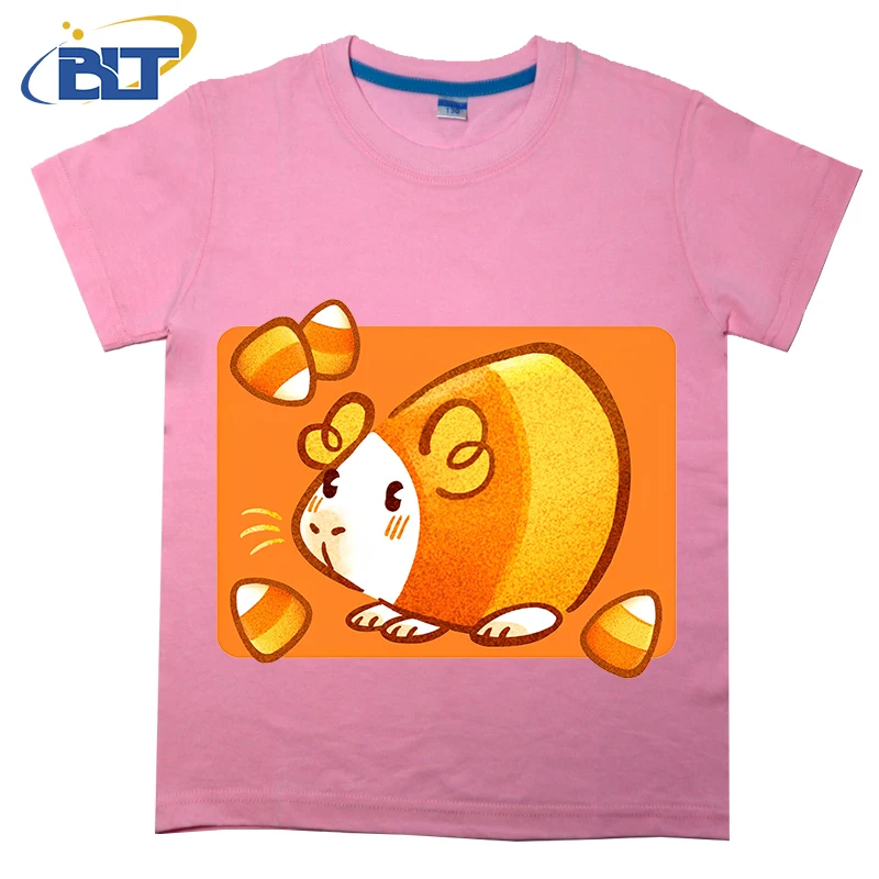 T-shirt de manga curta de algodão para menino e menina, top casual de manga curta, laranja estampado, cobaia, verão