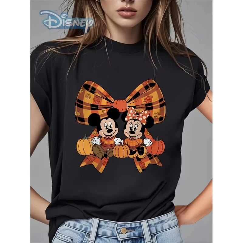 

Women's Disney Mickey and Minnie Halloween Orange and Black Checkered Bow Pumpkin Pattern T-Shirt Soft and Breathable Cotton Top
