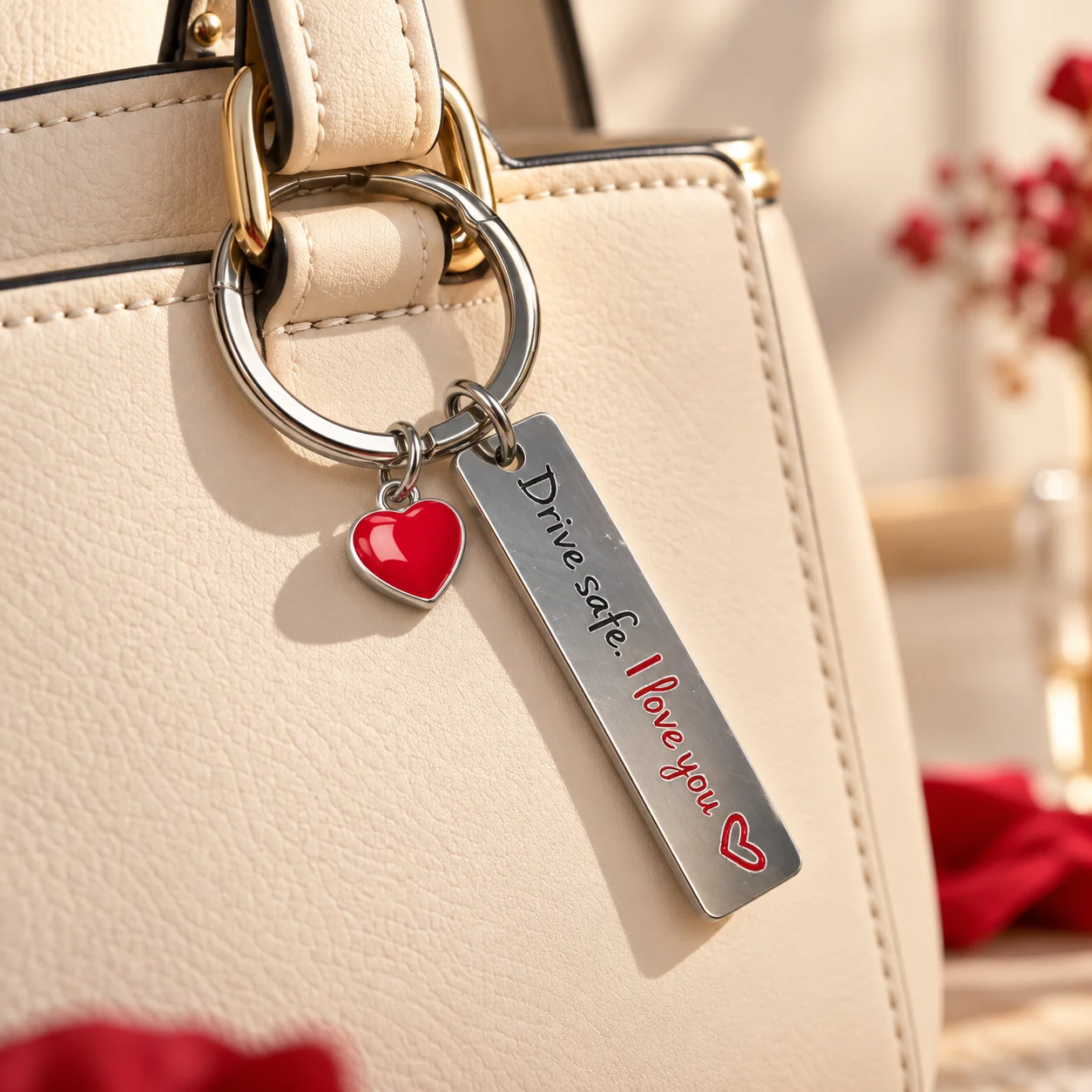 Romantic Love Keychain, Drive Safe I Love You Metal Tag Key Ring, Car Key & Handbag Charm Gift