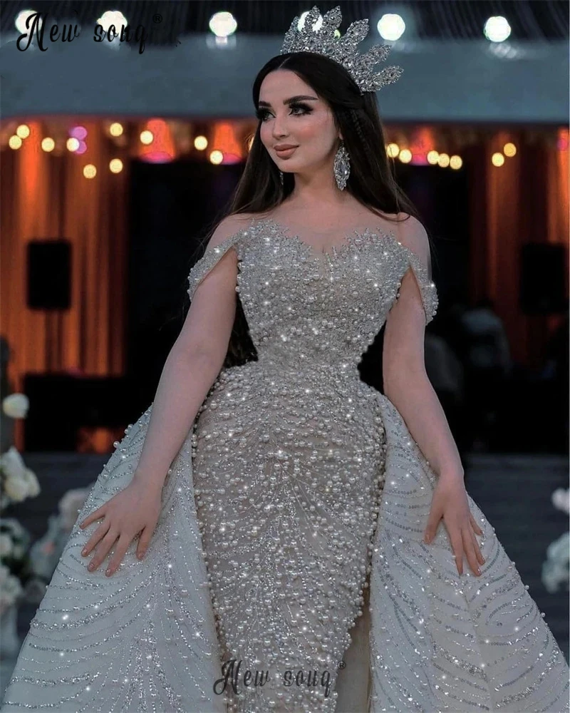 Luxury Detachable Train Wedding Dress Full Beaded Custom Made Dubai Women Bridal Gowns Shiny Off Shoulder Wedding Gowns 2024