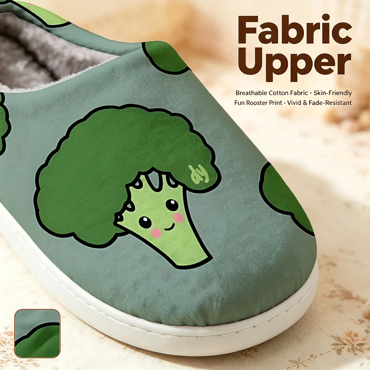 cute broccoli character Christmas White Slippers Warm Plush Indoor Shoes Non-Slip Winter Slippers Family Holiday Gifts Soft view 2