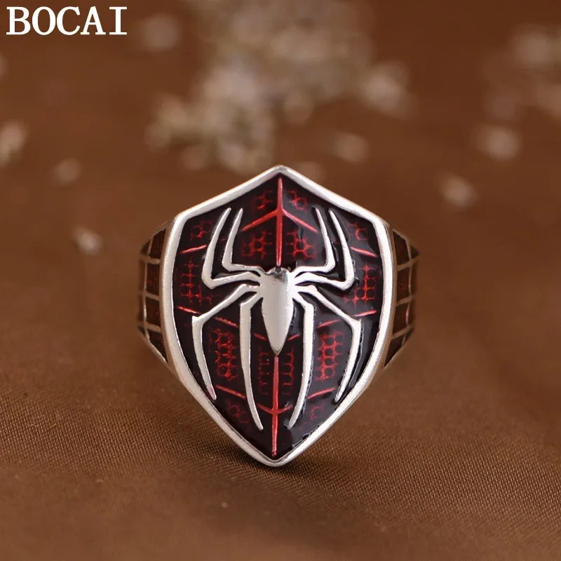

Кольцо BOCAI S925 из серебра в стиле ретро, хип-хоп, с пауком и щитом, панк-стиль, открытое