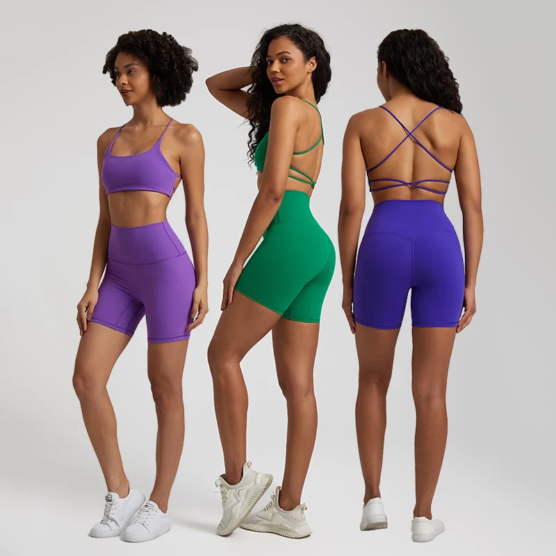 High Stretch Yoga Set Women Workout Sportswear Sexy Backless Sport Bra Suits Summer Short Sets Gym Clothing Sleeveless Tracksuit