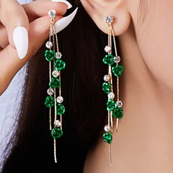 Trendy Multicolour Rose Flower Long Tassel Earrings for Women Elegant Rhinestone Drop Earrings Party Dangle Earring Jewelry Gift