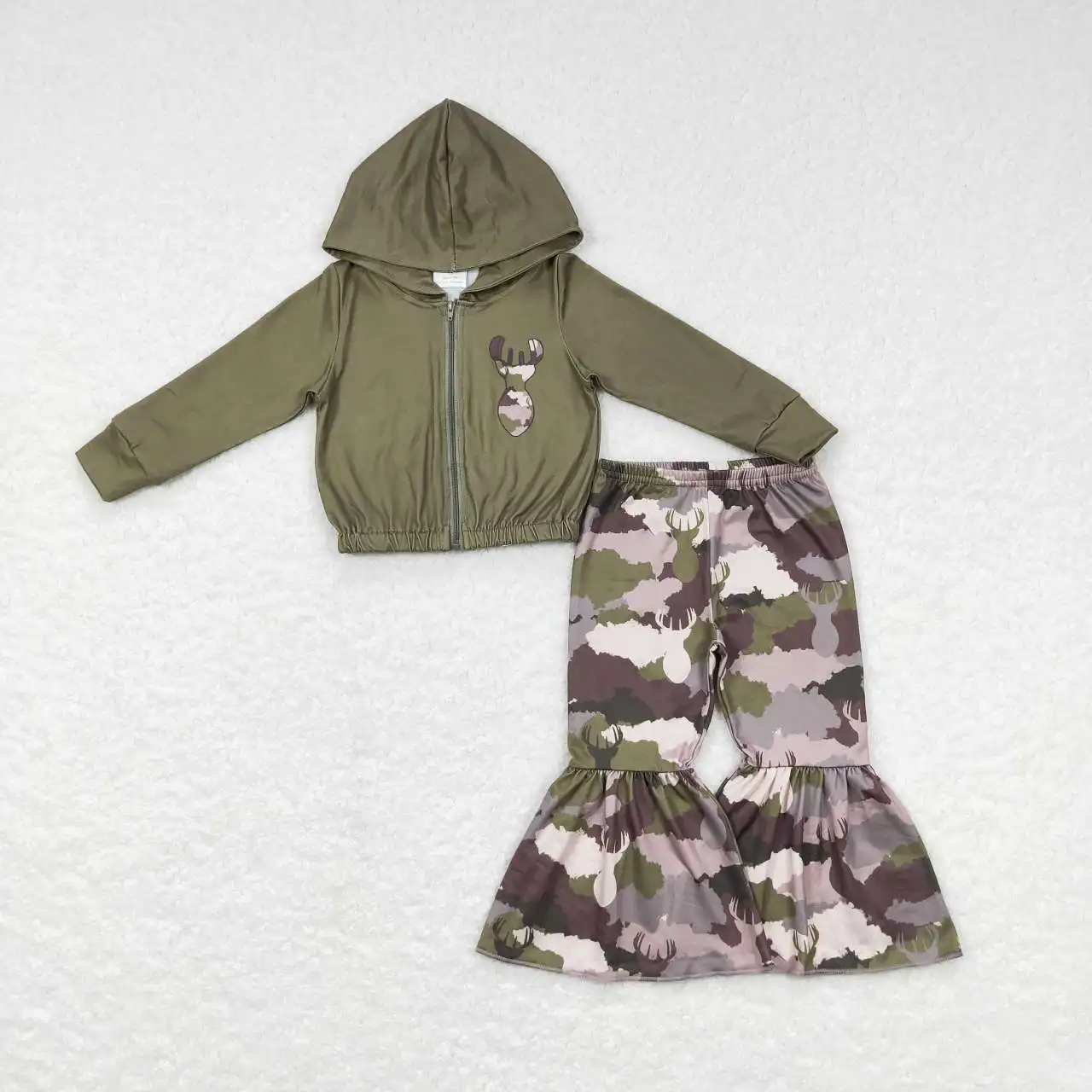Wholesale Toddler Long Sleeves Duck Deer Zipper Hoodie Camo Bell Pants Baby Girl Kids Hoodie Outfit Children Set Infant Clothing