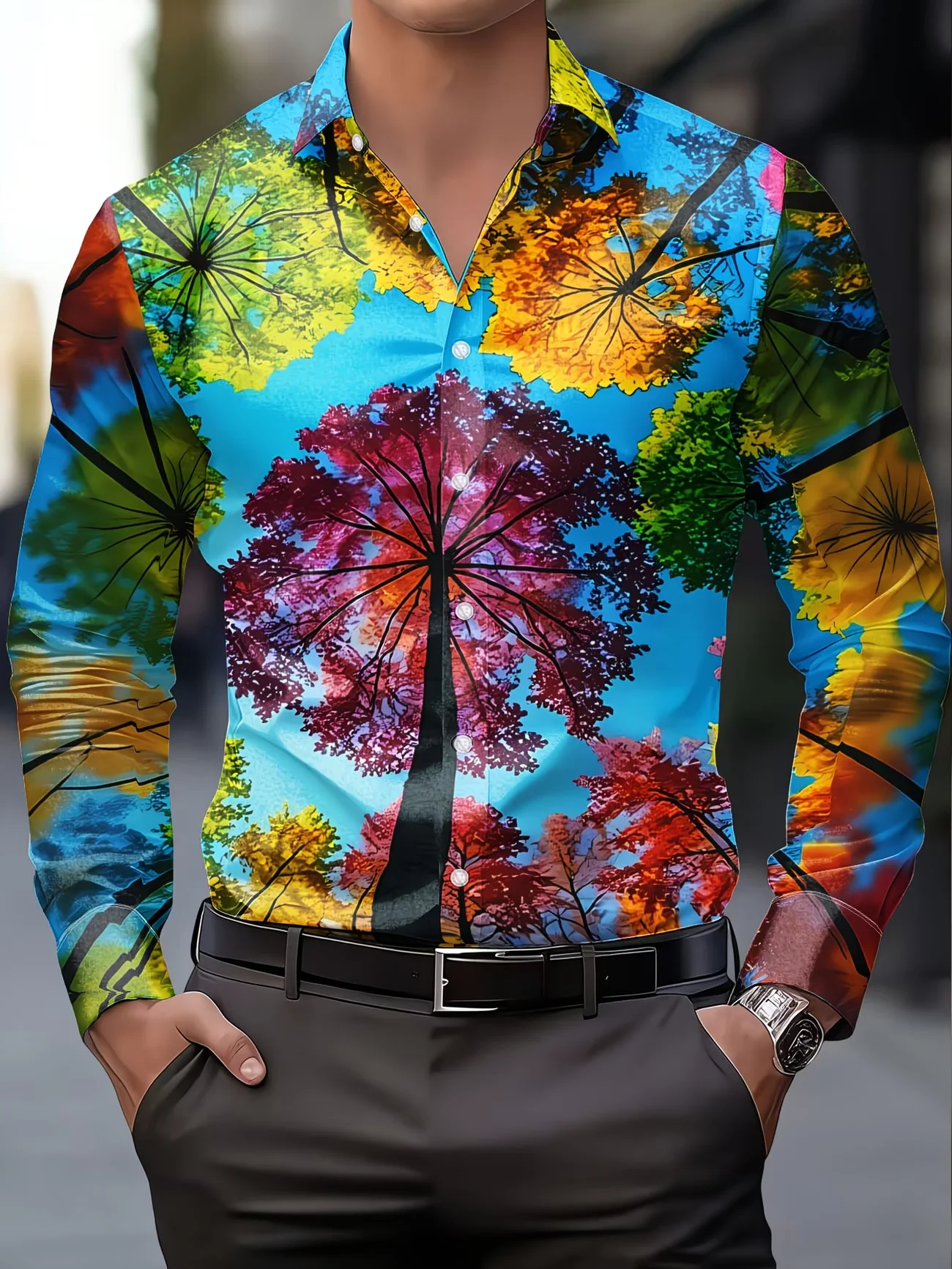 

New black gray fluorescent green contrasting abstract lines men's long sleeved shirt personalized casual flower shirt
