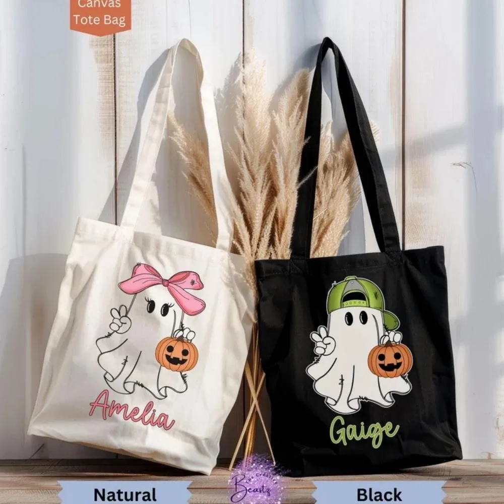 اسم مخصص للهالوين خدعة أو علاج حقيبة ، كيس حلوى الهالوين للأطفال ، حقيبة الهالوين مع اسم ، حقيبة قماش الهالوين لصبي/فتاة