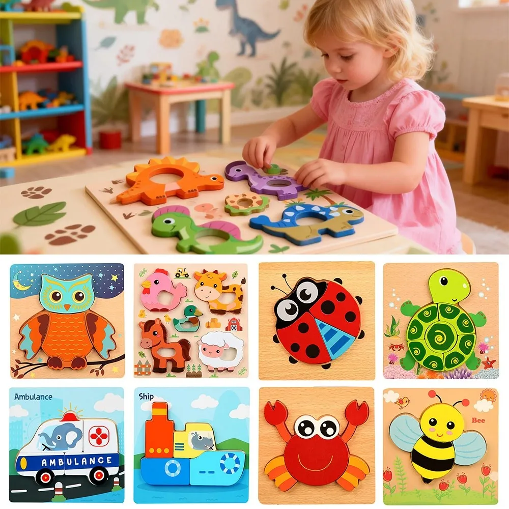 

3D Wooden Puzzles Cute Animal Series Safe Animals Cognitive Jigsaw Puzzle Portable Intelligence Puzzle Toys
