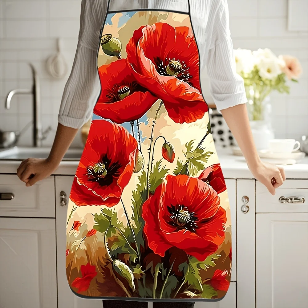 1pc, Red Poppy Flower Themed, Exquisite Polyester Apron, Suitable for Kitchen, Cooking, Work, Daily Use, Multi-purpose, Reusable